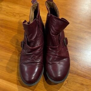 Miz Mooz Wine Leather Ankle Boots with Side Buckle